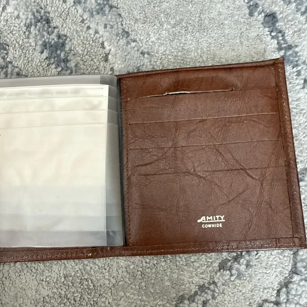 Vtg 1980s Amity Men's Cowhide Leather Bifold Wallet Textured Burgundy Retro Slim